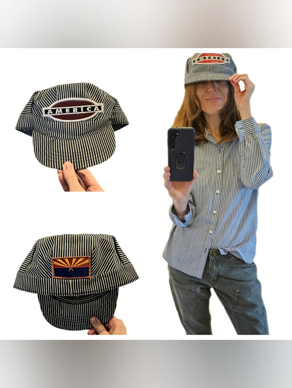 America Arizona Striped Vintage Style Railroad Engineer Cap Hat Patches Stripes